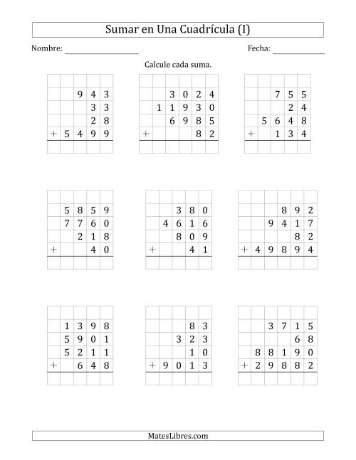 La hoja de ejercicios de Sumar Cuatro Números de Varios Dígitos en Una Cuadrícula (I)
