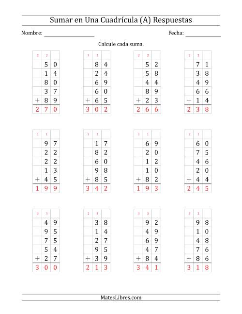 La hoja de ejercicios de Sumar Cinco Números de Dos Dígitos en Una Cuadrícula (A) Página 2