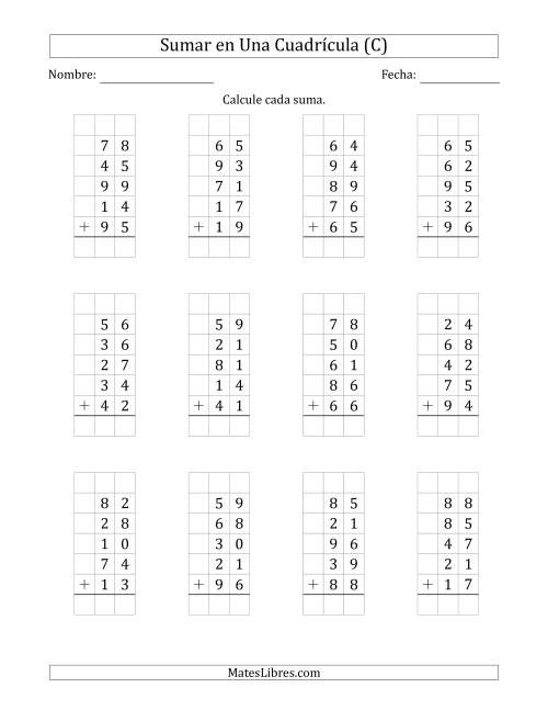 La hoja de ejercicios de Sumar Cinco Números de Dos Dígitos en Una Cuadrícula (C)