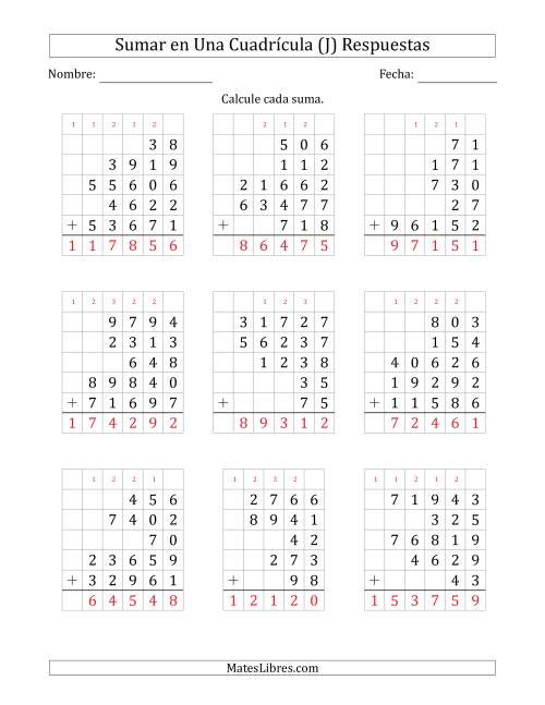 La hoja de ejercicios de Sumar Cinco Números de Varios Dígitos en Una Cuadrícula (J) Página 2