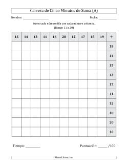 Carrera de Cinco Minutos de Suma (Rango de los Sumandos 11 a 20) (Para Zurdos)