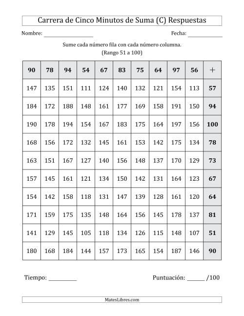 La hoja de ejercicios de Carrera de Cinco Minutos de Suma (Rango de los Sumandos 51 a 100) (Para Zurdos) (C) Página 2