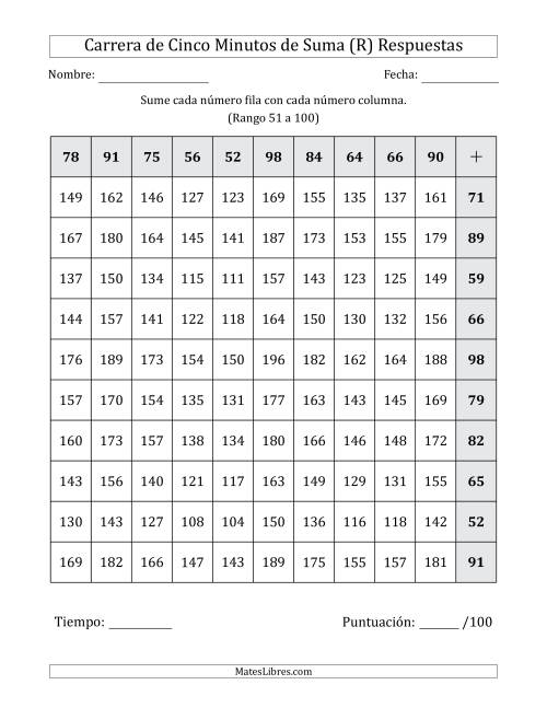 La hoja de ejercicios de Carrera de Cinco Minutos de Suma (Rango de los Sumandos 51 a 100) (Para Zurdos) (R) Página 2