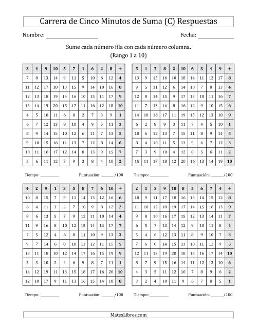 La hoja de ejercicios de Carrera de Cinco Minutos de Suma (Rango de los Sumandos 1 a 10) (4 Tablas) (Para Zurdos) (C) Página 2