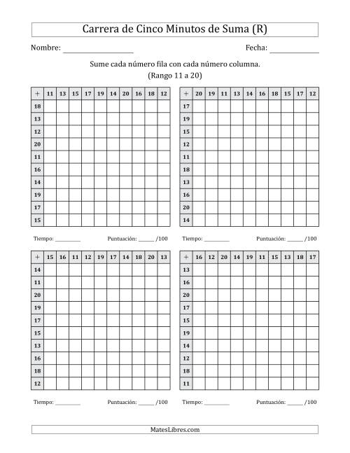 La hoja de ejercicios de Carrera de Cinco Minutos de Suma (Rango de los Sumandos 11 a 20) (4 Tablas) (R)
