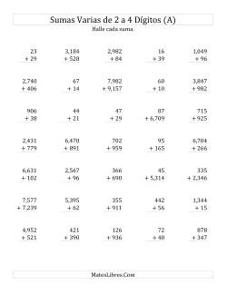 Sumas Varias de Dos a Cuatro Dígitos