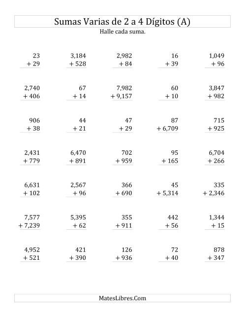 La hoja de ejercicios de Sumas Varias de Dos a Cuatro Dígitos (A)