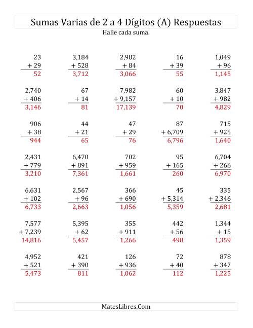 La hoja de ejercicios de Sumas Varias de Dos a Cuatro Dígitos (A) Página 2