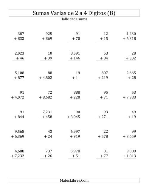 La hoja de ejercicios de Sumas Varias de Dos a Cuatro Dígitos (B)