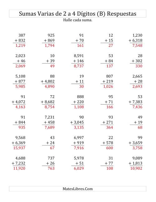 La hoja de ejercicios de Sumas Varias de Dos a Cuatro Dígitos (B) Página 2