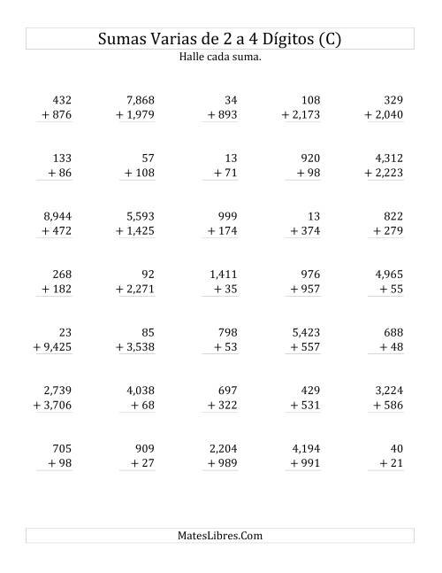 La hoja de ejercicios de Sumas Varias de Dos a Cuatro Dígitos (C)