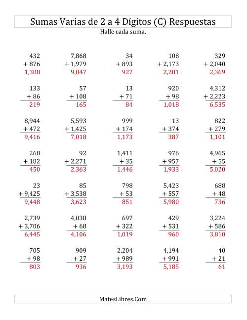 La hoja de ejercicios de Sumas Varias de Dos a Cuatro Dígitos (C) Página 2