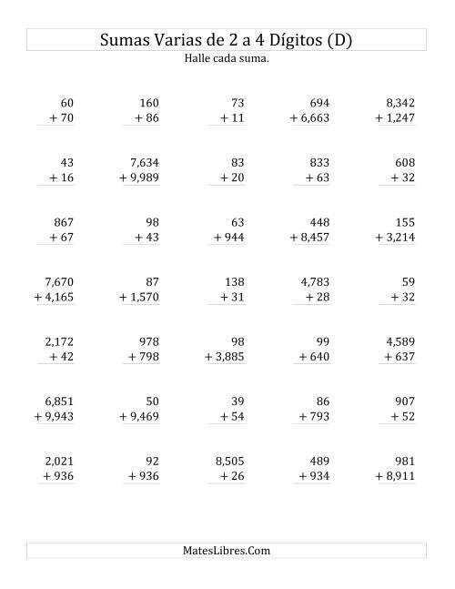 La hoja de ejercicios de Sumas Varias de Dos a Cuatro Dígitos (D)