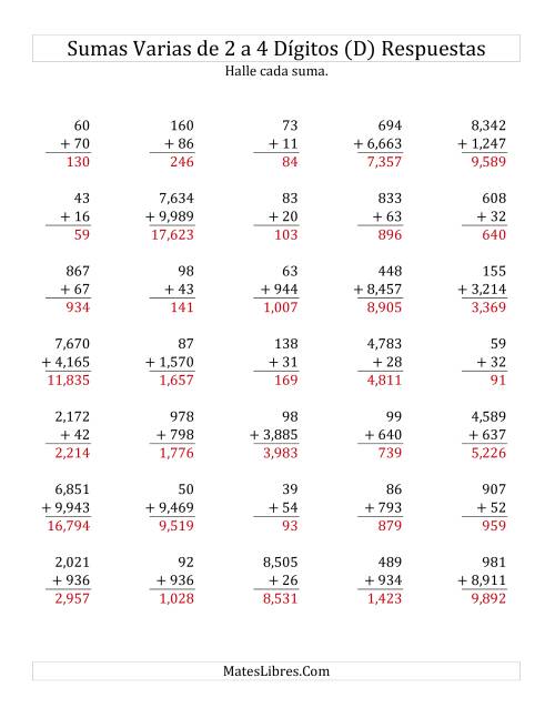 La hoja de ejercicios de Sumas Varias de Dos a Cuatro Dígitos (D) Página 2
