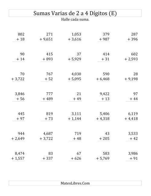 La hoja de ejercicios de Sumas Varias de Dos a Cuatro Dígitos (E)