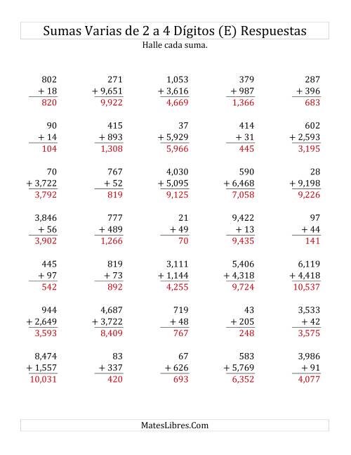 La hoja de ejercicios de Sumas Varias de Dos a Cuatro Dígitos (E) Página 2