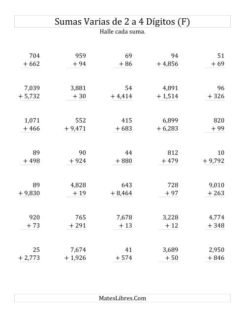 La hoja de ejercicios de Sumas Varias de Dos a Cuatro Dígitos (F)