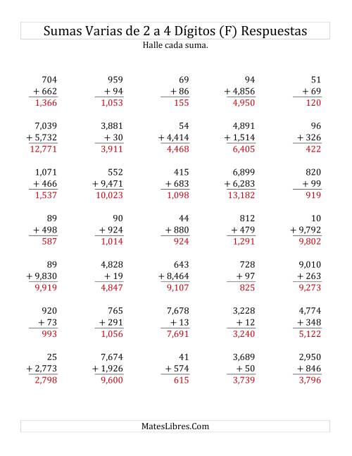 La hoja de ejercicios de Sumas Varias de Dos a Cuatro Dígitos (F) Página 2