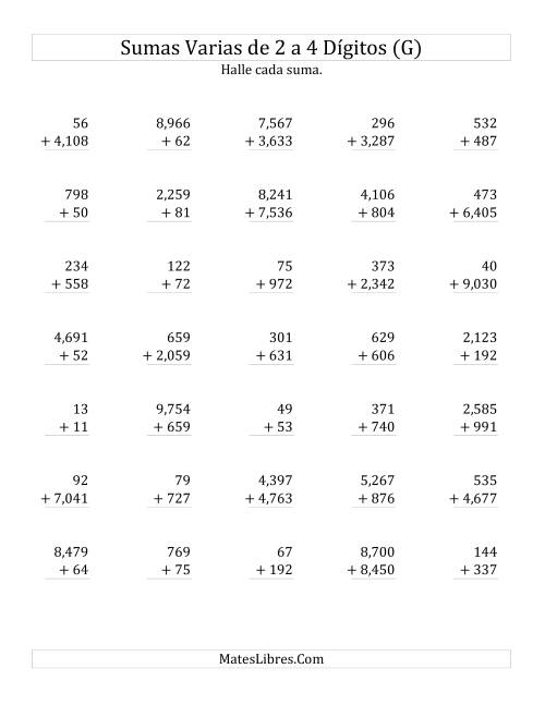 La hoja de ejercicios de Sumas Varias de Dos a Cuatro Dígitos (G)