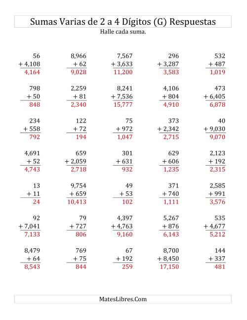 La hoja de ejercicios de Sumas Varias de Dos a Cuatro Dígitos (G) Página 2