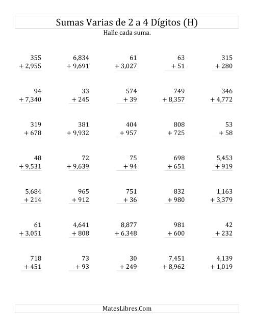 La hoja de ejercicios de Sumas Varias de Dos a Cuatro Dígitos (H)