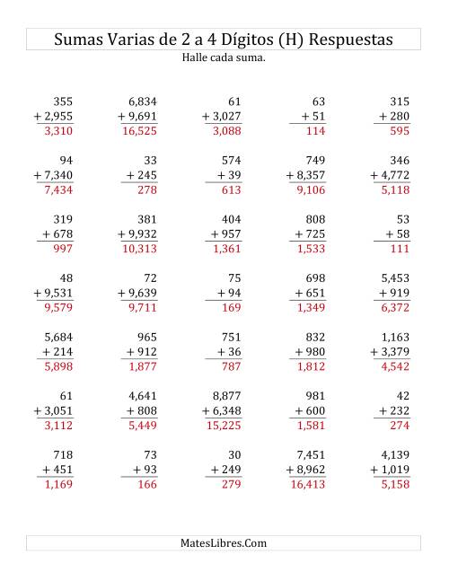 La hoja de ejercicios de Sumas Varias de Dos a Cuatro Dígitos (H) Página 2