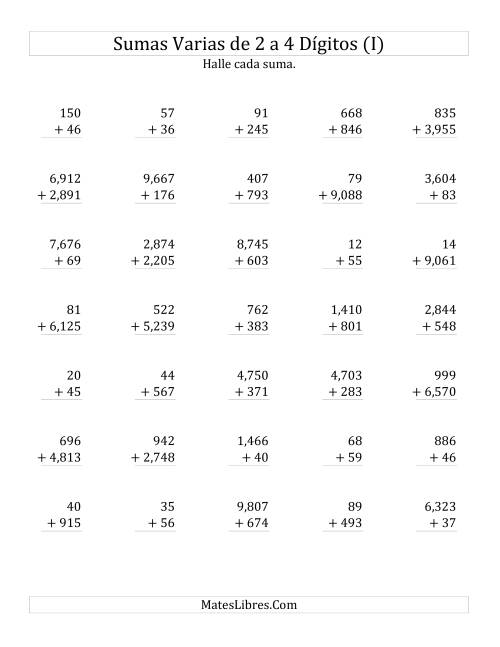 La hoja de ejercicios de Sumas Varias de Dos a Cuatro Dígitos (I)