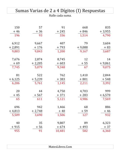 La hoja de ejercicios de Sumas Varias de Dos a Cuatro Dígitos (I) Página 2
