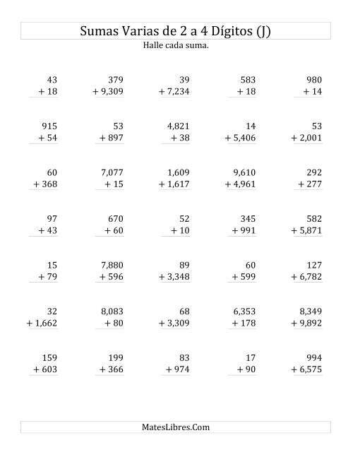 La hoja de ejercicios de Sumas Varias de Dos a Cuatro Dígitos (J)