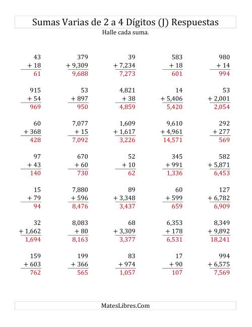 La hoja de ejercicios de Sumas Varias de Dos a Cuatro Dígitos (J) Página 2