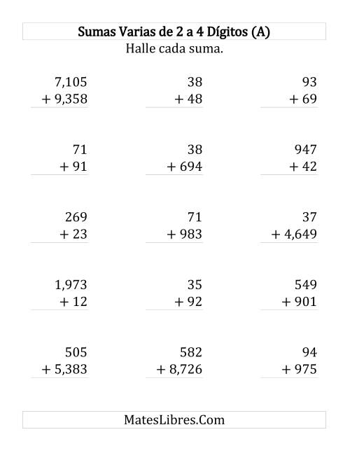 La hoja de ejercicios de Sumas Varias de Dos a Cuatro Dígitos (Grande)