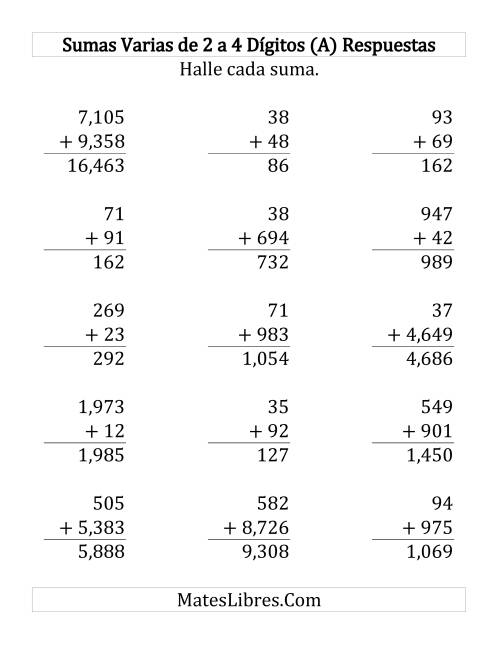 La hoja de ejercicios de Sumas Varias de Dos a Cuatro Dígitos (Grande) Página 2