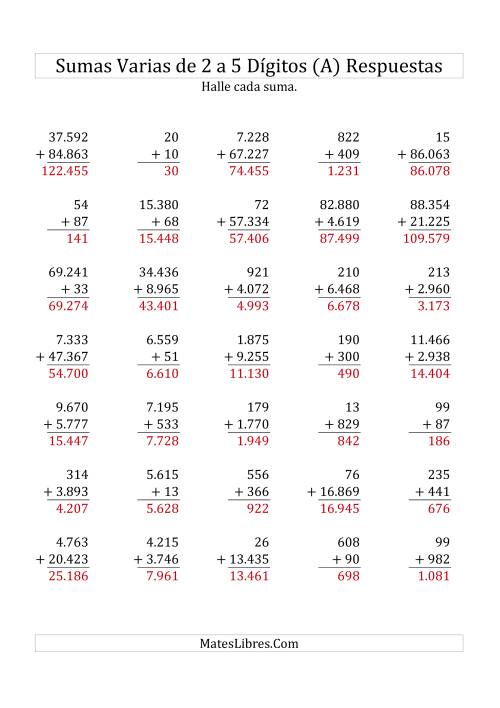 Sumas Varias de Dos a Cinco Dígitos (A)
