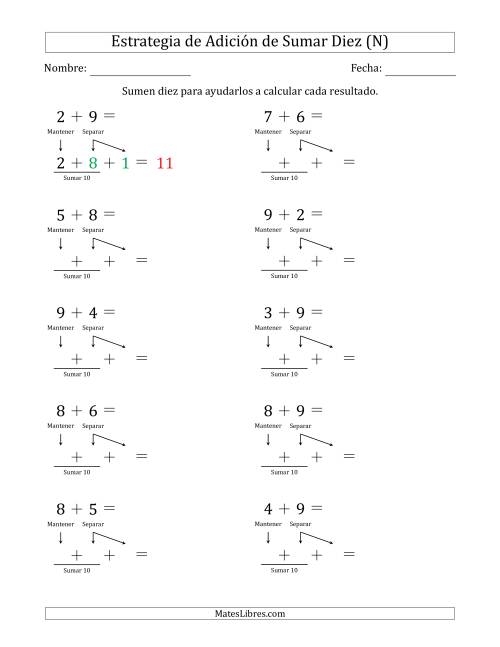 La hoja de ejercicios de Estrategia de Adición de Sumar Diez (N)