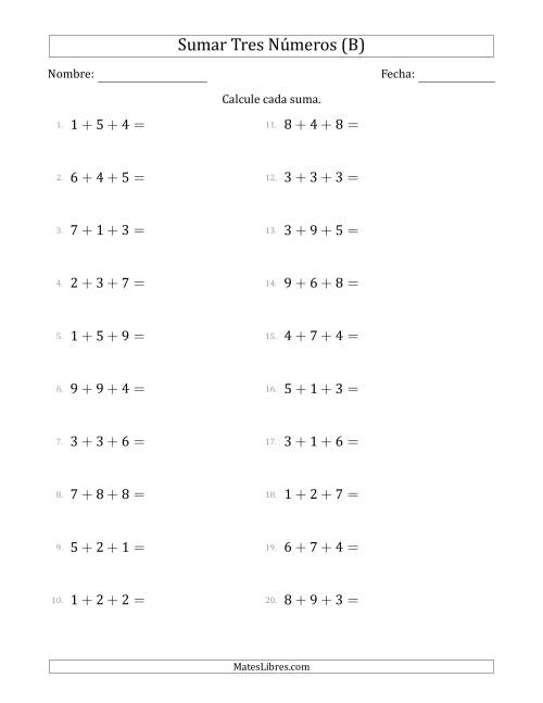 La hoja de ejercicios de Sumar Tres Números Horizontalmente (Rango de 1 a 9) (B)