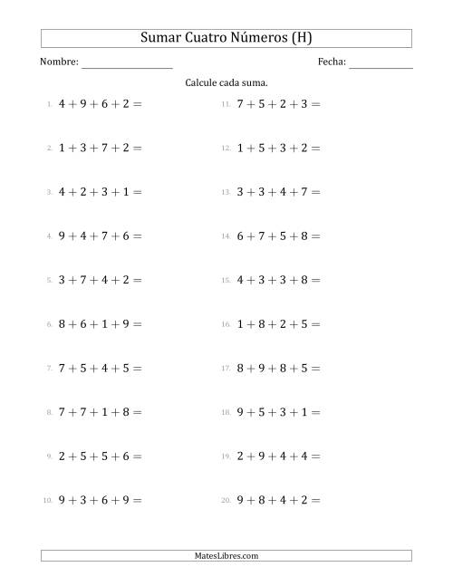 La hoja de ejercicios de Sumar Cuatro Números Horizontalmente (Rango de 1 a 9) (H)