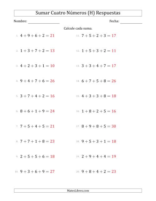 La hoja de ejercicios de Sumar Cuatro Números Horizontalmente (Rango de 1 a 9) (H) Página 2