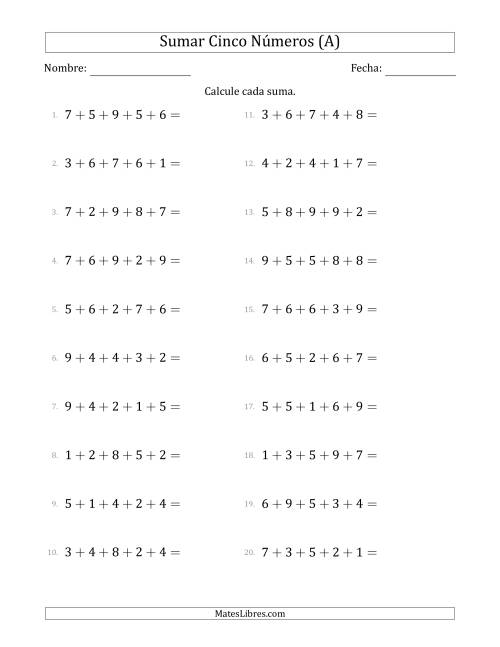 La hoja de ejercicios de Sumar Cinco Números Horizontalmente (Rango de 1 a 9) (Todas)
