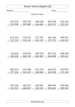 Sumas de 6 Dígitos más 6 Dígitos con Acarreo en Algunas Preguntas (Papel Tamaño A4, Separador de Millar con Punto)