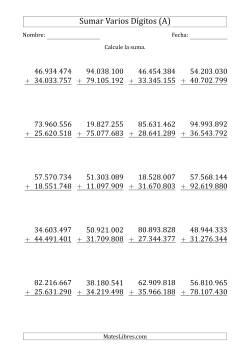 Sumas de 8 Dígitos más 8 Dígitos con Acarreo en Algunas Preguntas (Papel Tamaño A4, Separador de Millar con Punto)