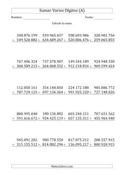 Sumas de 9 Dígitos más 9 Dígitos con Acarreo en Algunas Preguntas (Papel Tamaño A4, Separador de Millar con Punto)
