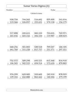 Sumas de 6 Dígitos más 6 Dígitos con Acarreo en Algunas Preguntas (Papel Tamaño Carta, Separador de Millar con Coma)