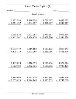 Sumas de 7 Dígitos más 7 Dígitos con Acarreo en Algunas Preguntas (Papel Tamaño Carta, Separador de Millar con Coma)