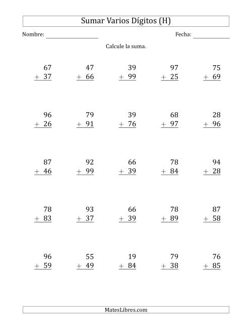La hoja de ejercicios de Sumas de 2 Dígitos más 2 Dígitos con Acarreo en Todas las Preguntas (H)