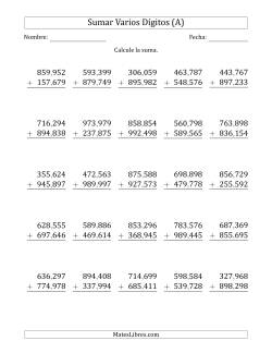 Sumas de 6 Dígitos más 6 Dígitos con Acarreo en Todas las Preguntas Papel Tamaño Carta, Separador de Millar con Coma