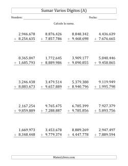 Sumas de 7 Dígitos más 7 Dígitos con Acarreo en Todas las Preguntas Papel Tamaño Carta, Separador de Millar con Coma