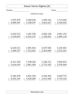 Sumas de 7 Dígitos más 7 Dígitos sin Acarreo (Papel Tamaño Carta, Separador de Millar con Coma)
