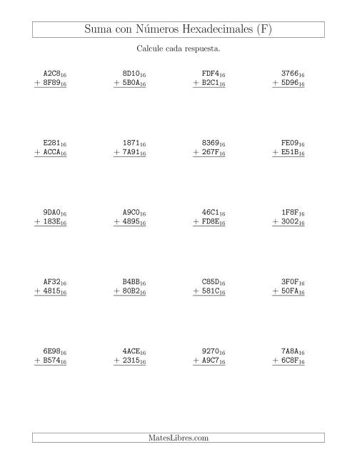La hoja de ejercicios de Suma con Números Hexadecimales (Base 16) (F)