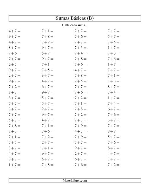 La hoja de ejercicios de Sumas Simples Más 7 (B)