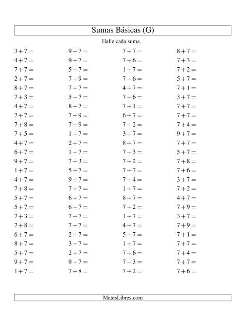 La hoja de ejercicios de Sumas Simples Más 7 (G)